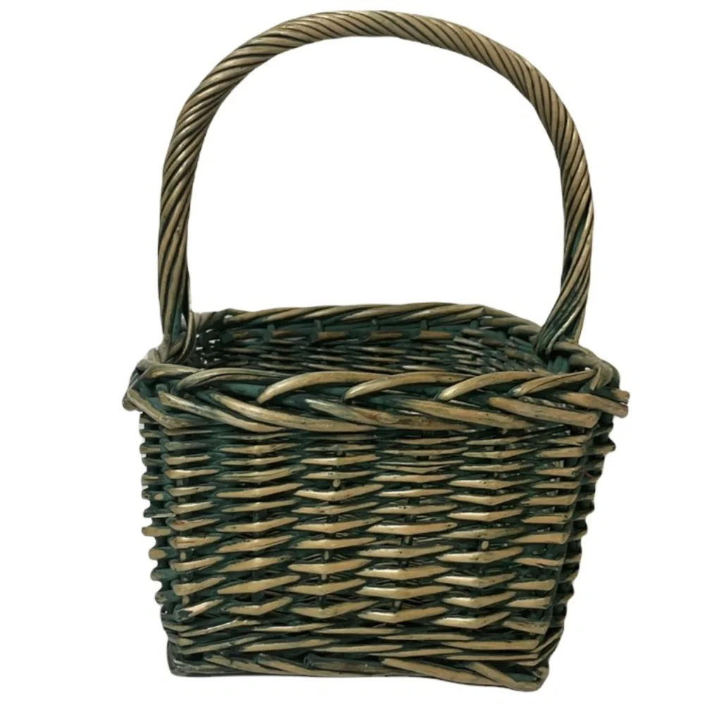 Hand Woven Basket Very Large Sturdy Storage Picnic Basket Rectangle Green